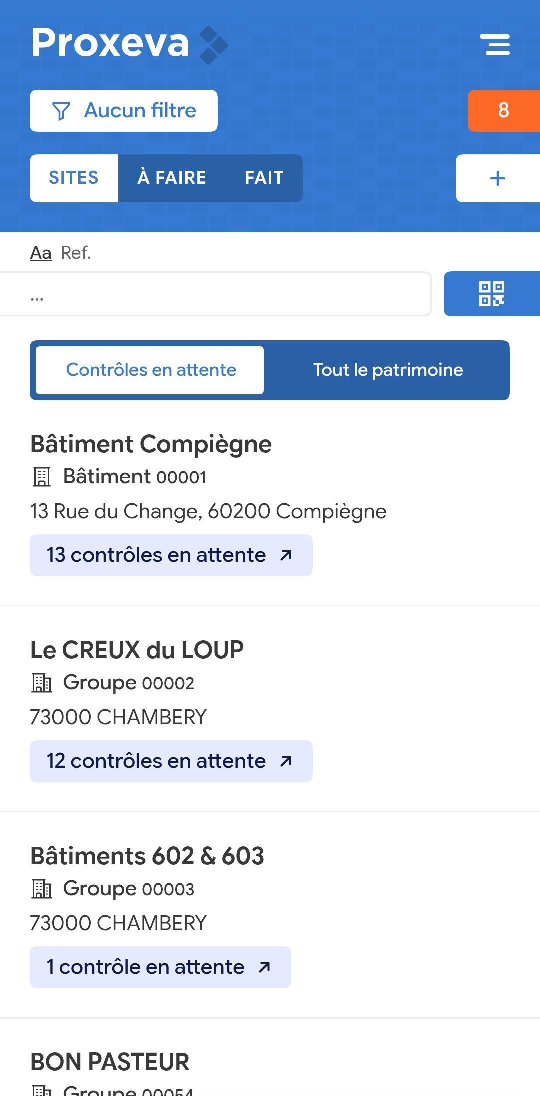 Liste des sites et contrôles à réaliser dans l’application mobile Proxeva